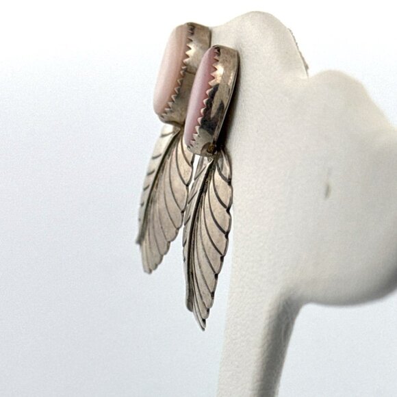 Estate Sterling Silver 925 Leaf Drop Earrings Pink Shell Oval, Signed DB, 9.0g - Picture 4 of 8